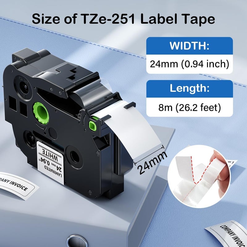 Labelife TZe-251 TZe TZ Tape 24mm 0.94 Compatible with Brother P Touch Label Maker Tape 24mm .94 Laminated White TZe251 TZ-251 1'' for Brother PT-D600 PT-D610BT PT-P710BT P700 P750W, 5-Pack - Image 2